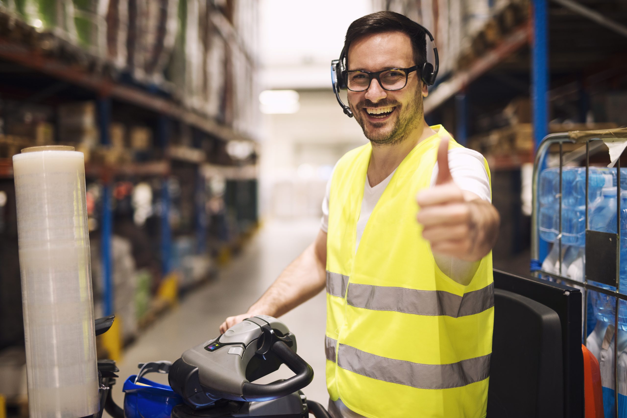 Dfiniti Distribution warehouse worker with headset for communication organizing goods delivery.